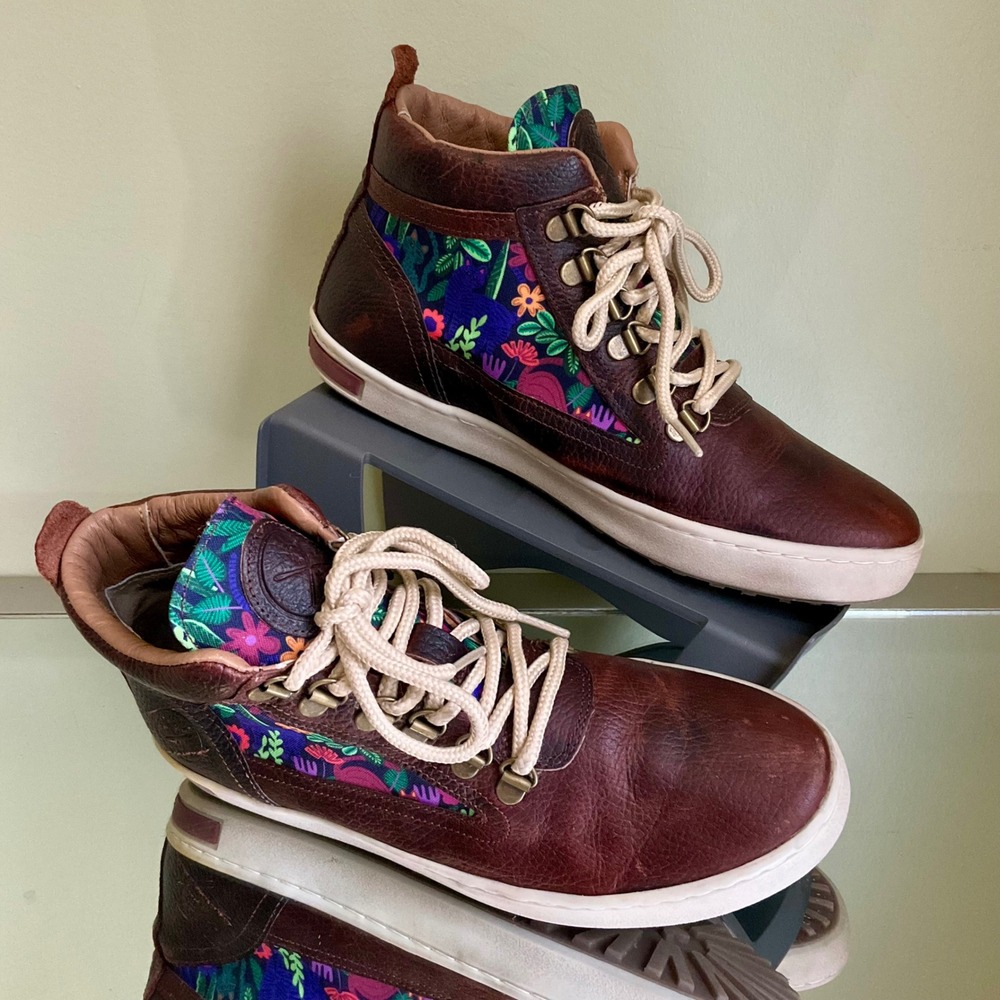 Inkkas Brown Leather Floral Cat Print High Top Sneakers Boots Womens 10 Mens 8